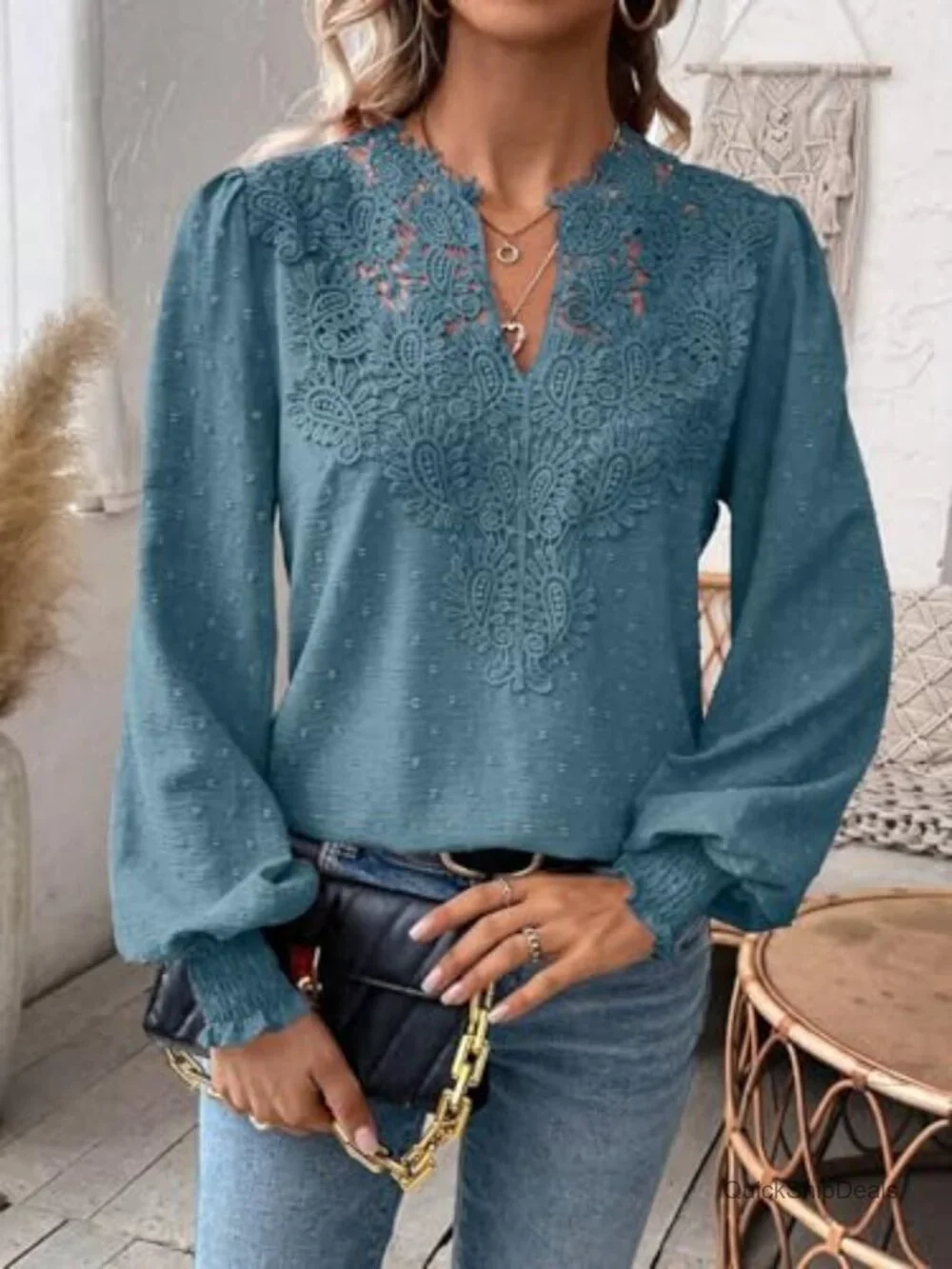 Dressy Lace Blouse V Neck Ruffle Long Sleeve Boho Tee Top